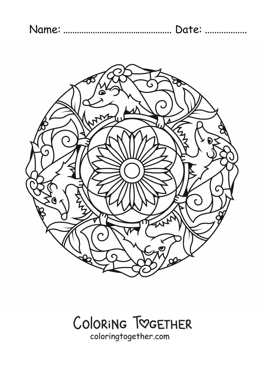 Coloring page of a mandala with porcupines
