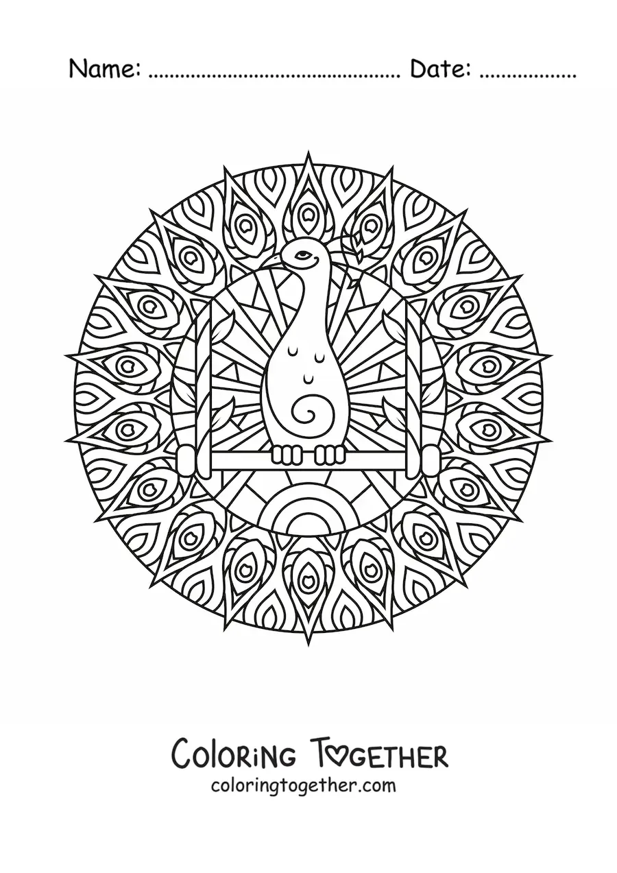 Coloring page of a peacock mandala