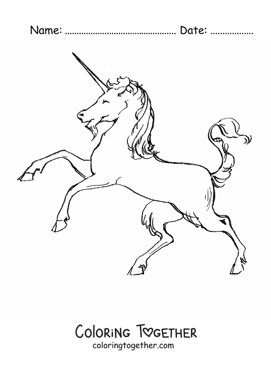 Coloring page of a unicorn on two legs