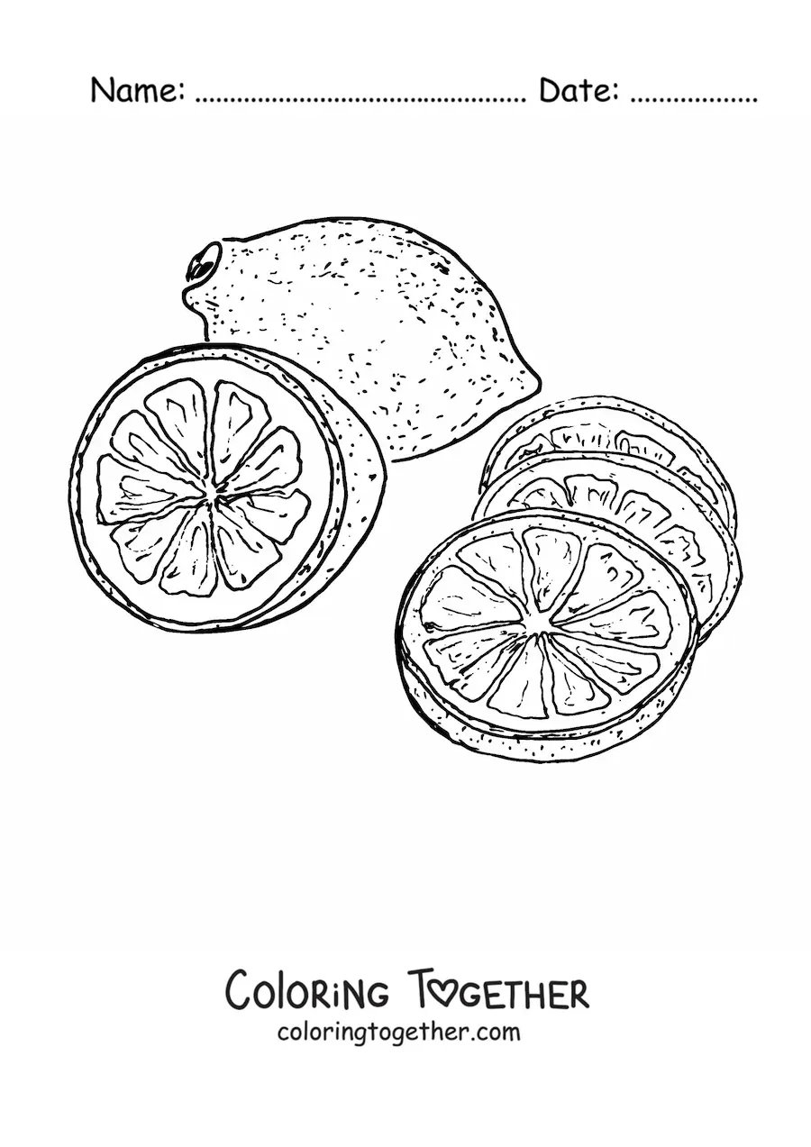 Coloring page of a whole lemon and several lemon slices