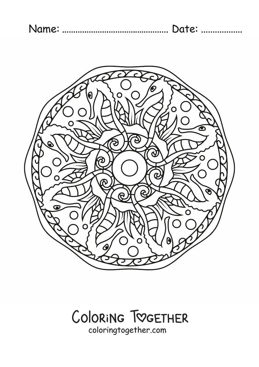 Coloring page of a seahorse mandala