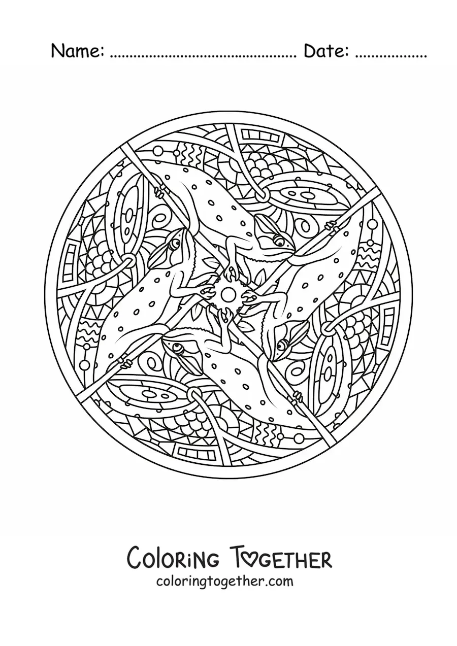 Coloring page of an iguana mandala
