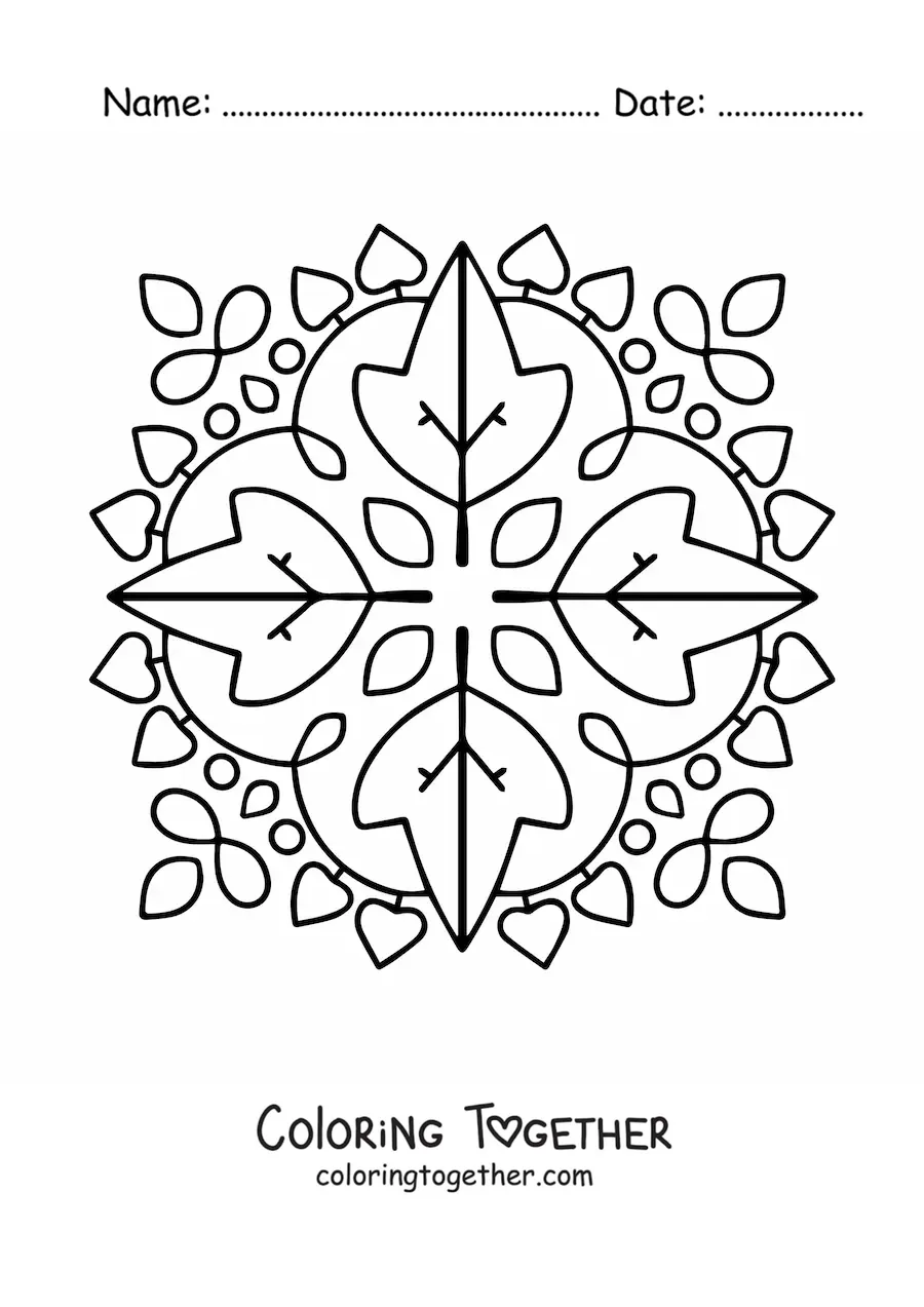 Coloring page of a mandala with autumn leaves