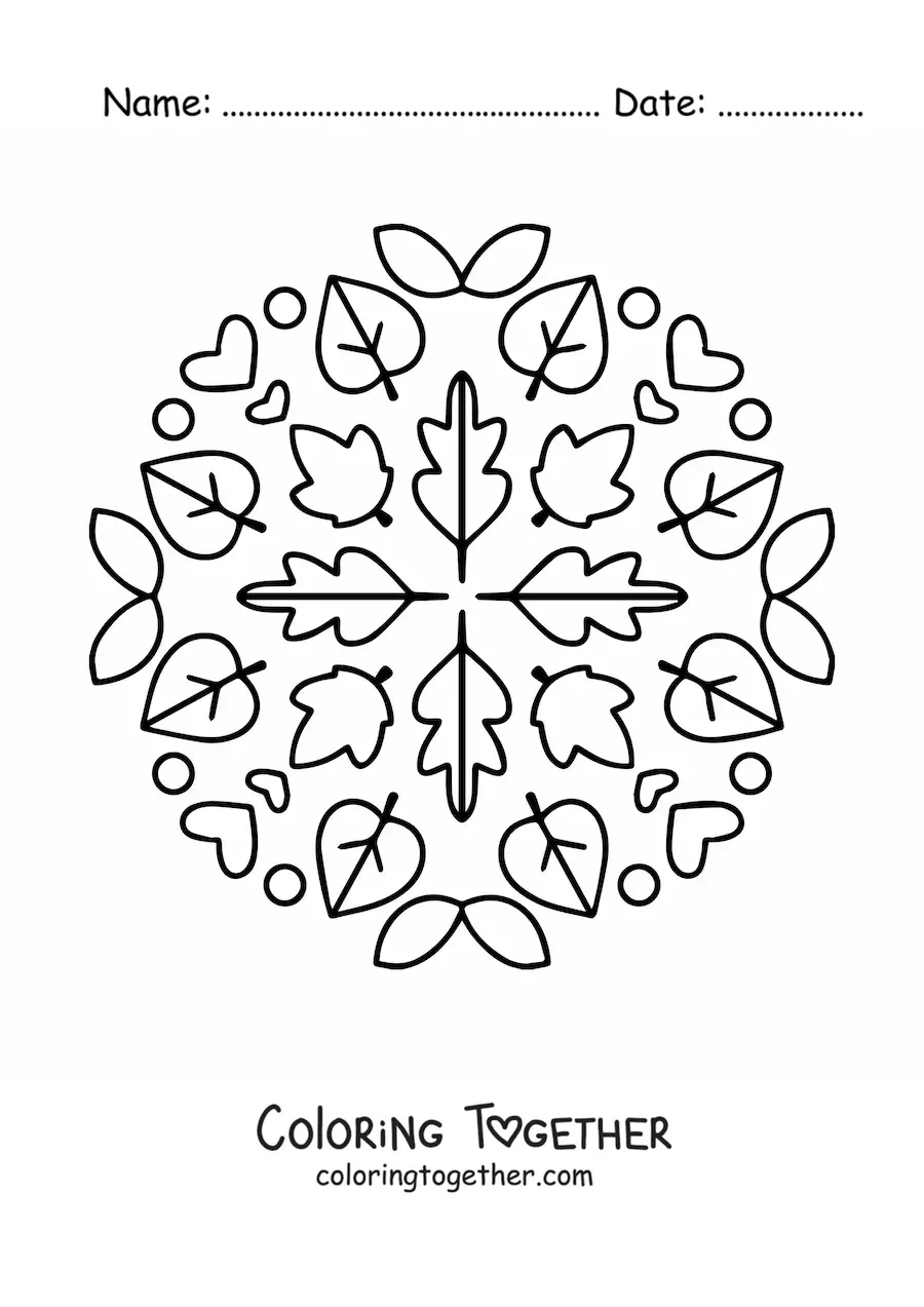 Coloring page of a mandala with autumn leaves
