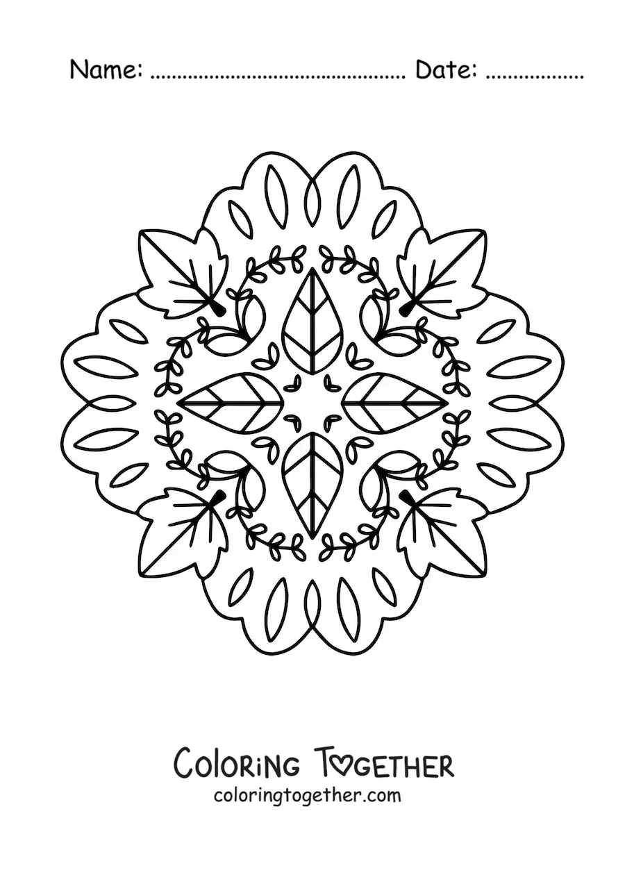 Coloring page of a mandala with autumn leaves
