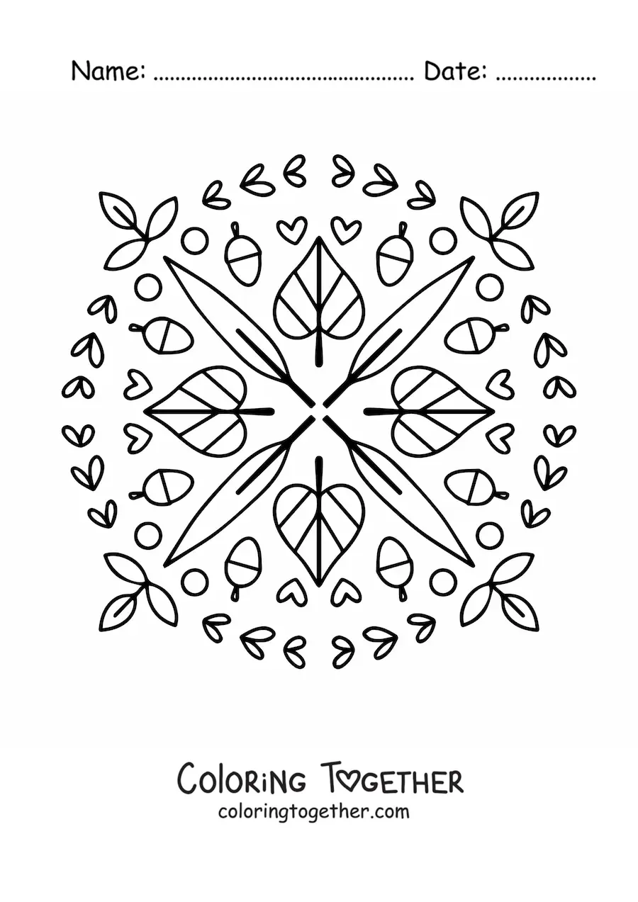 Coloring page of a mandala with autumn leaves