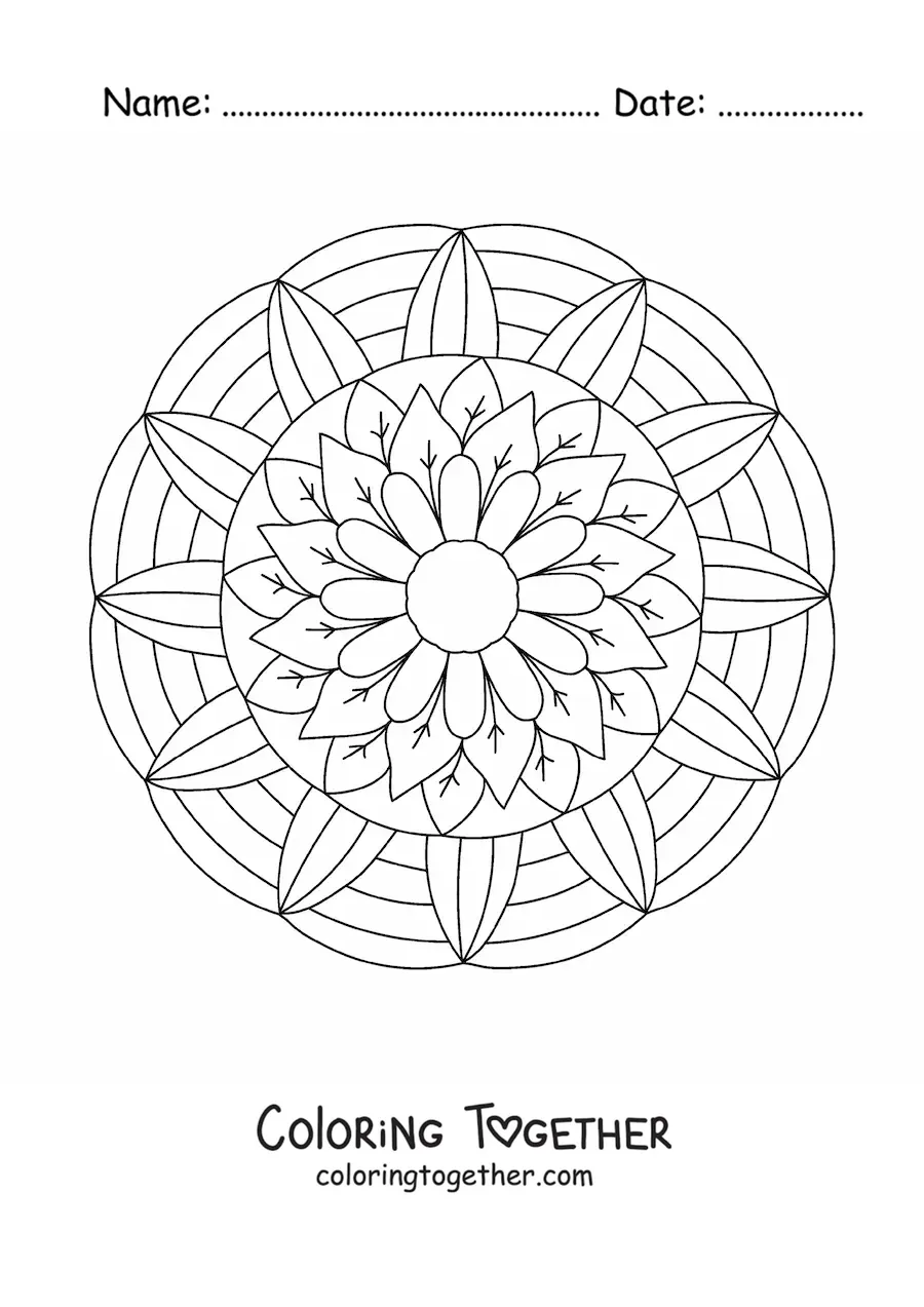 Coloring page of a mandala of flowers and leaves