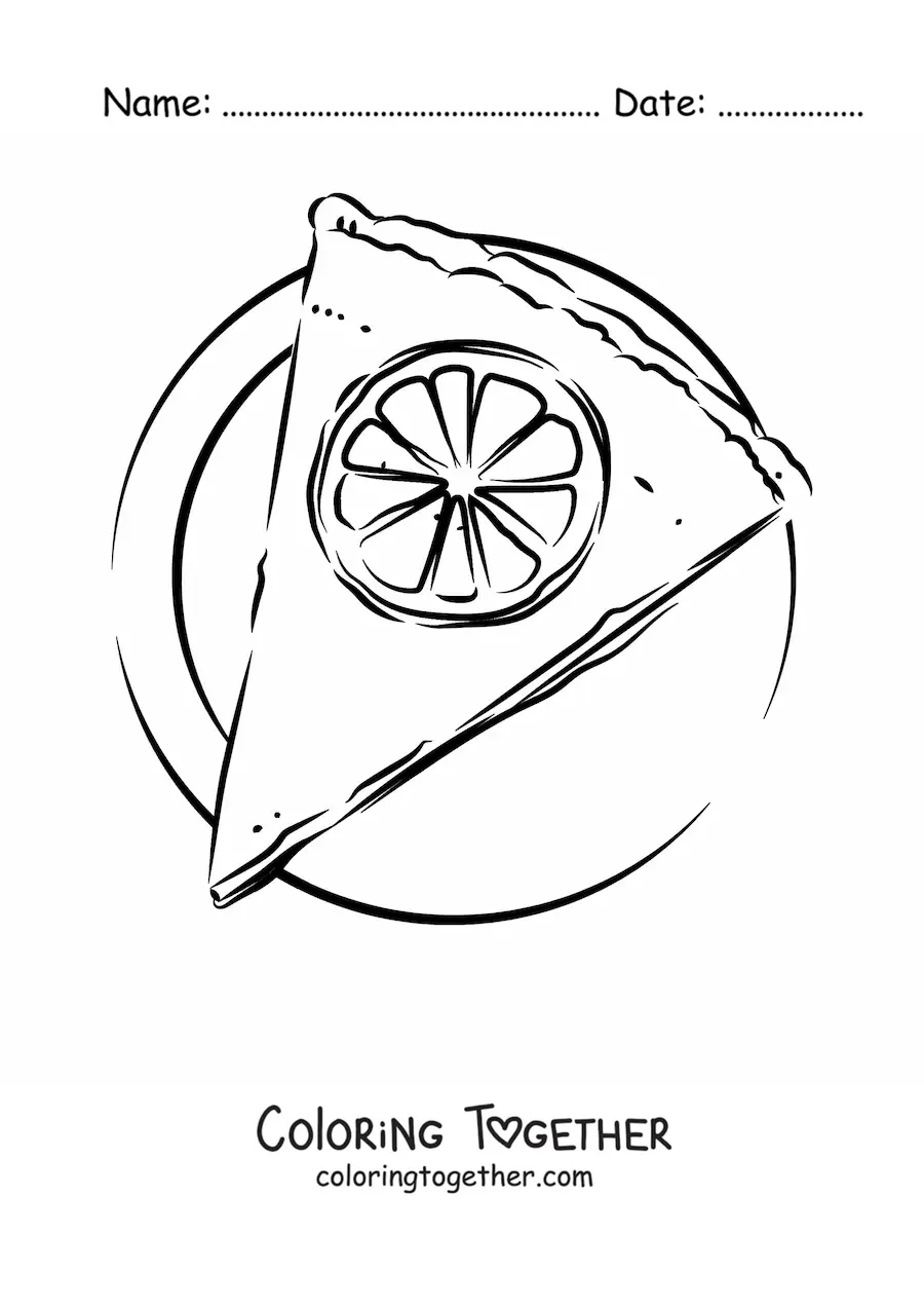Coloring page of a slice of lemon pie on a plate