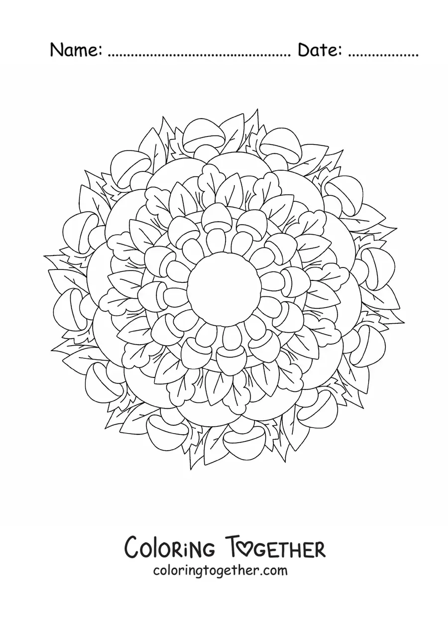 Coloring page of a mandala of flowers and leaves