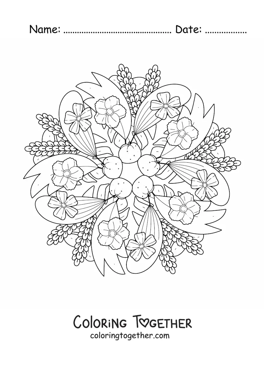 Coloring page of an easy mandala of flowers and leaves