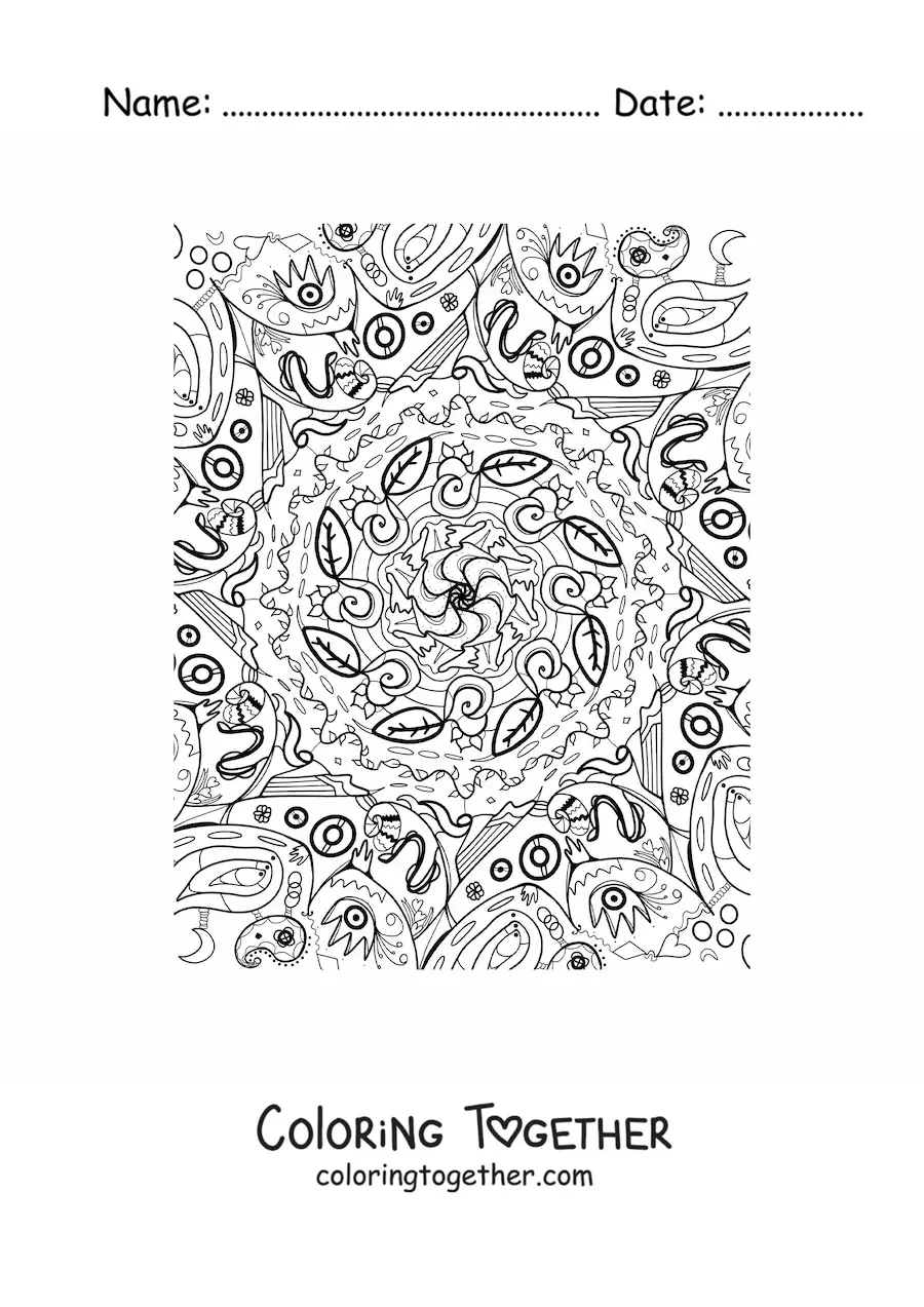 Coloring page of a Zentangle style leaf mandala