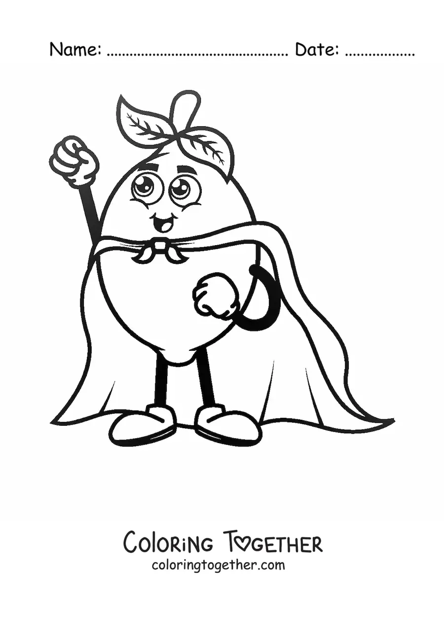 Coloring page of a cartoon lemon dressed as a superhero