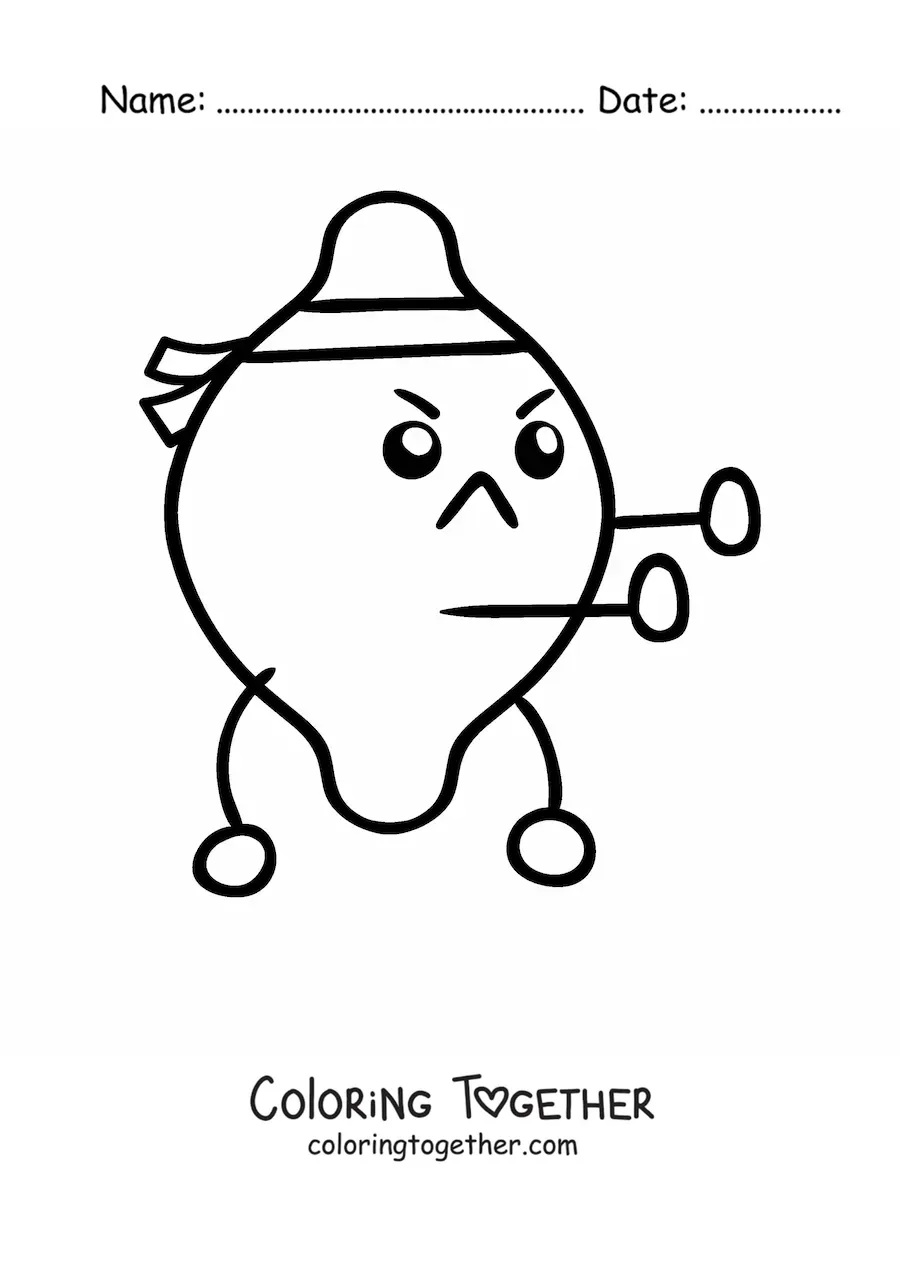 Coloring page of a cartoon lemon dressed as a karate fighter