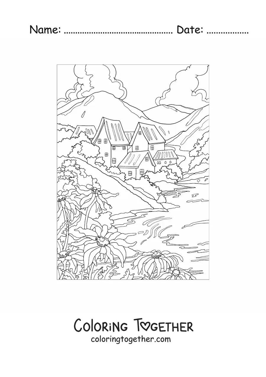 Coloring page of a landscape with a house in the countryside
