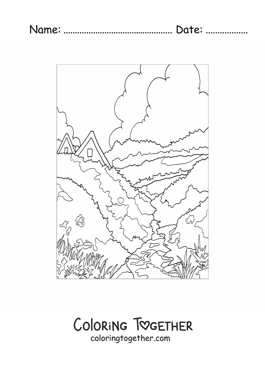 Coloring page of a landscape with a house in the countryside