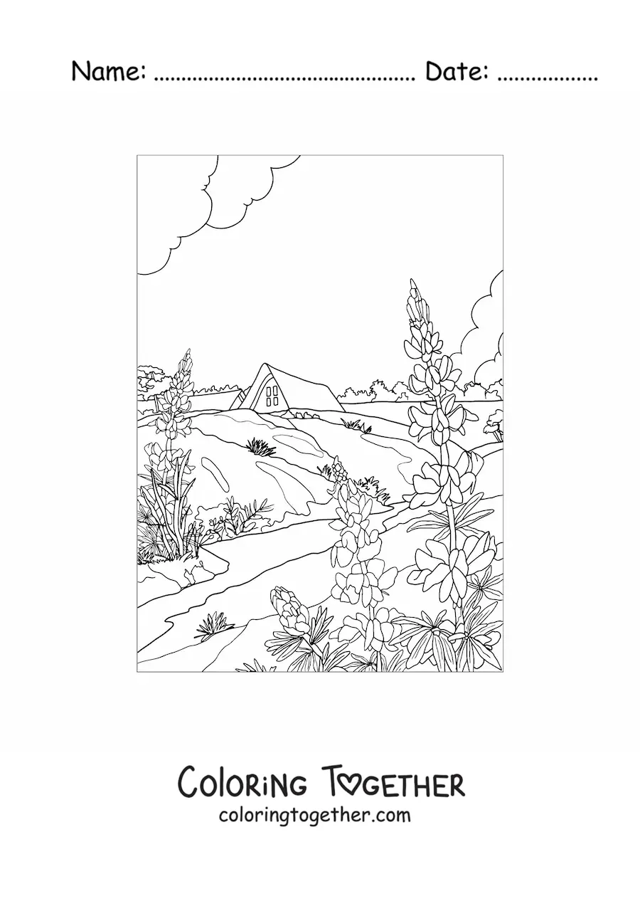 Coloring page of a landscape with a house in the countryside