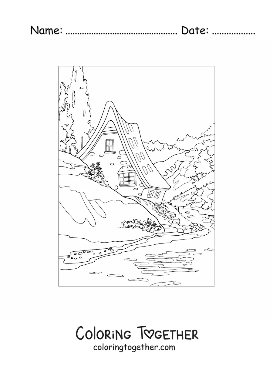 Coloring page of a landscape with a house in the countryside