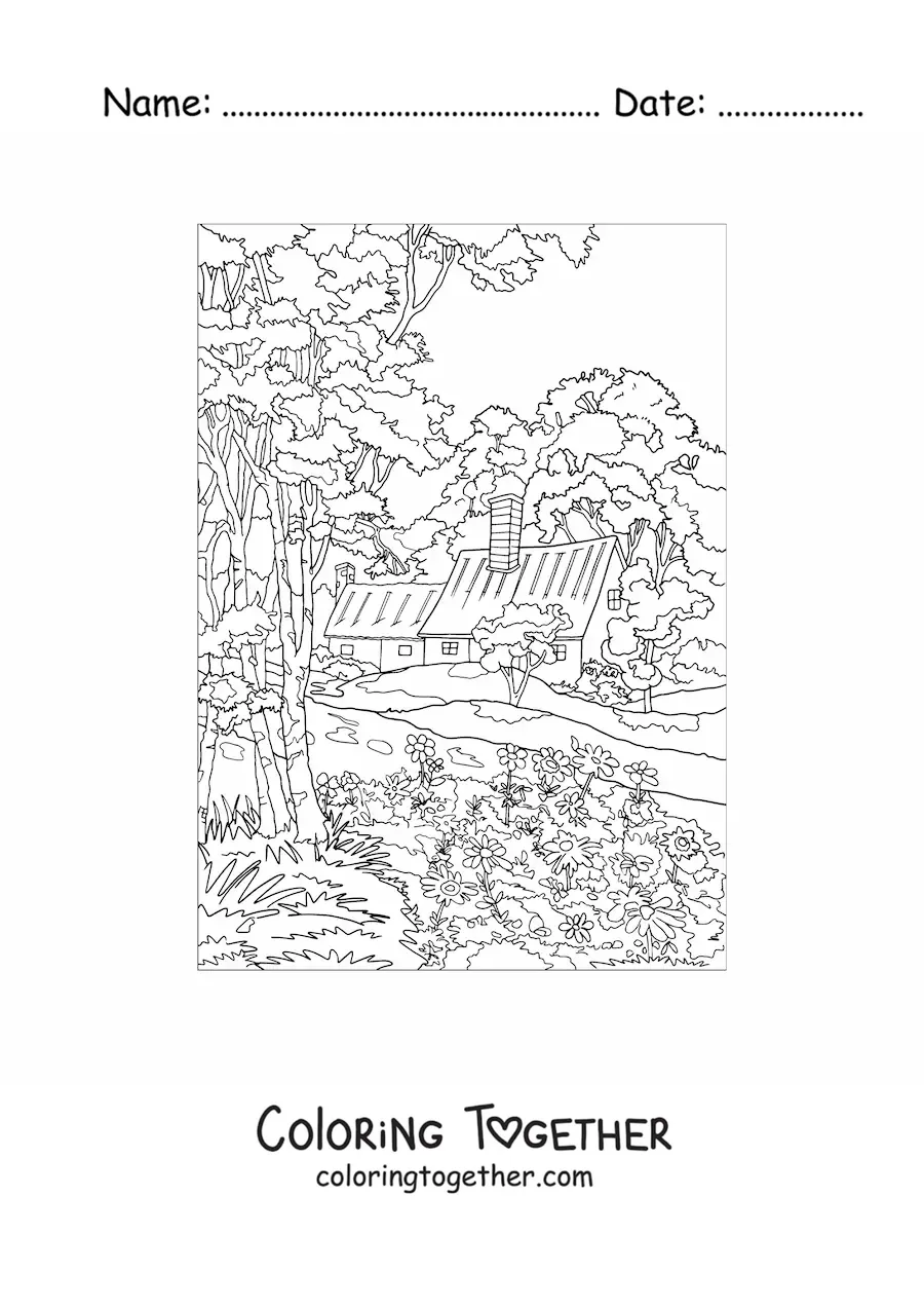 Coloring page of a landscape with a house in the countryside
