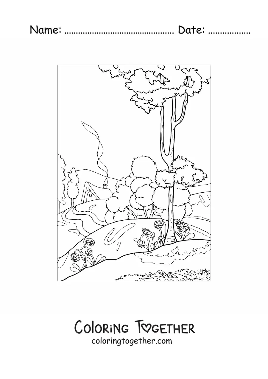 Coloring page of a landscape with a house in the countryside