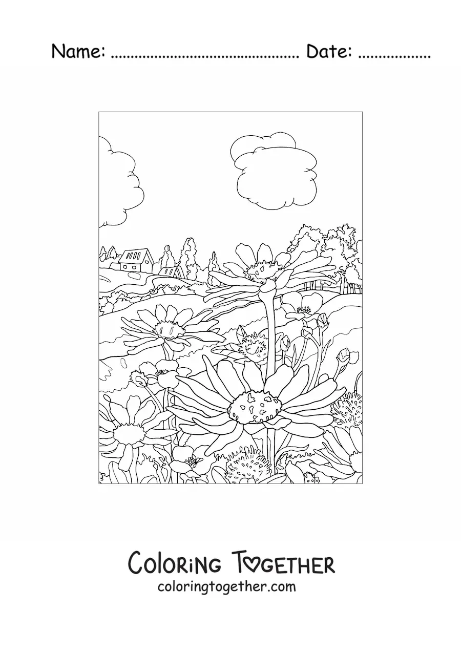 Coloring page of a landscape with a house in the countryside