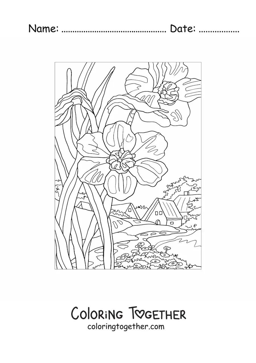 Coloring page of a landscape with a house in the countryside