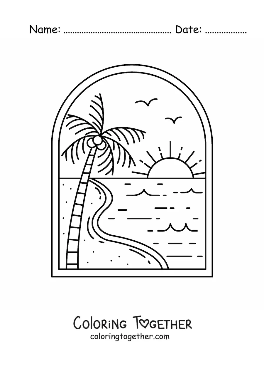 Coloring page of a beach landscape with a palm tree and the sun
