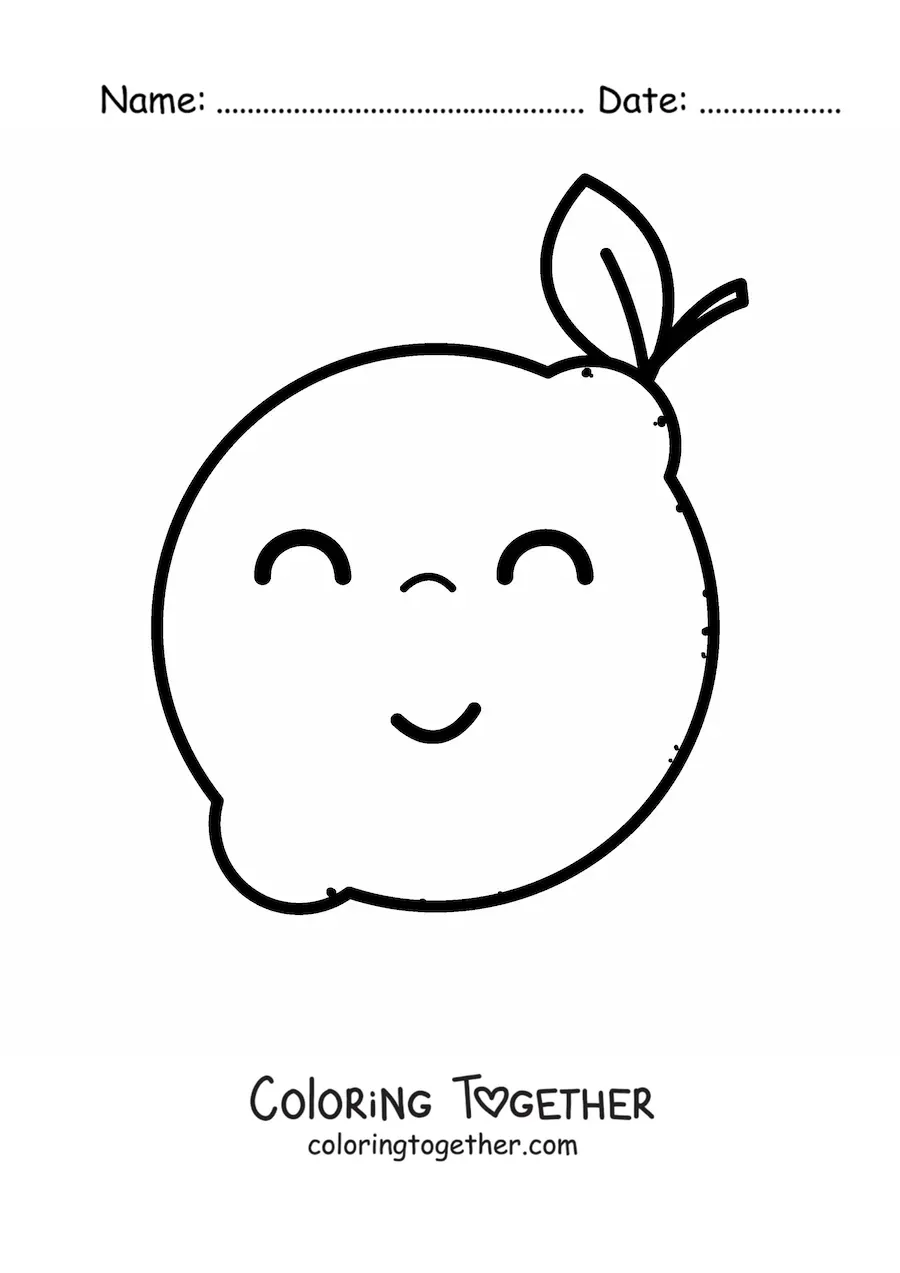 Coloring page of a kawaii lemon with a leaf smiling with its eyes closed