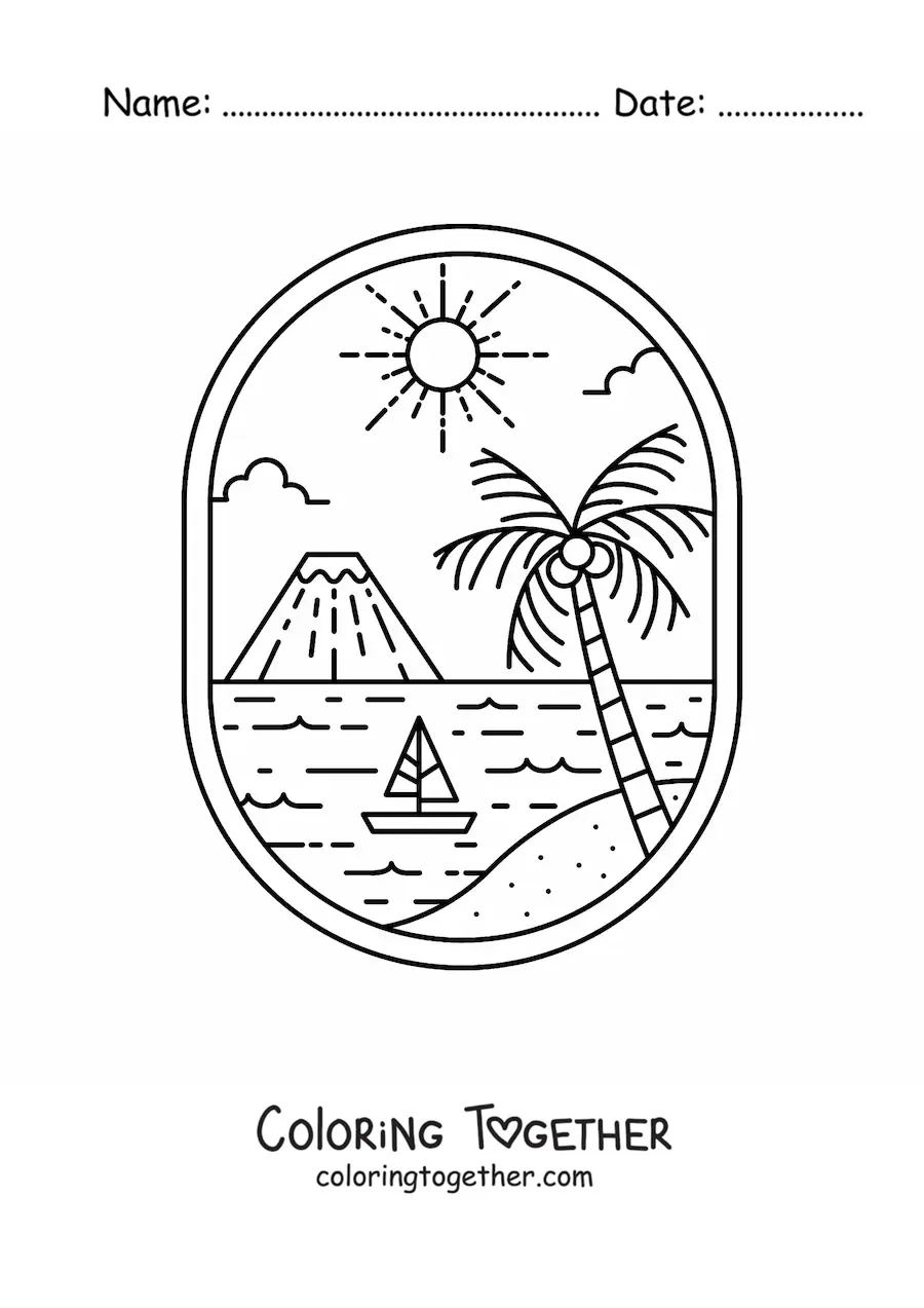 Coloring page of a beach landscape with a palm tree and a volcano in the background