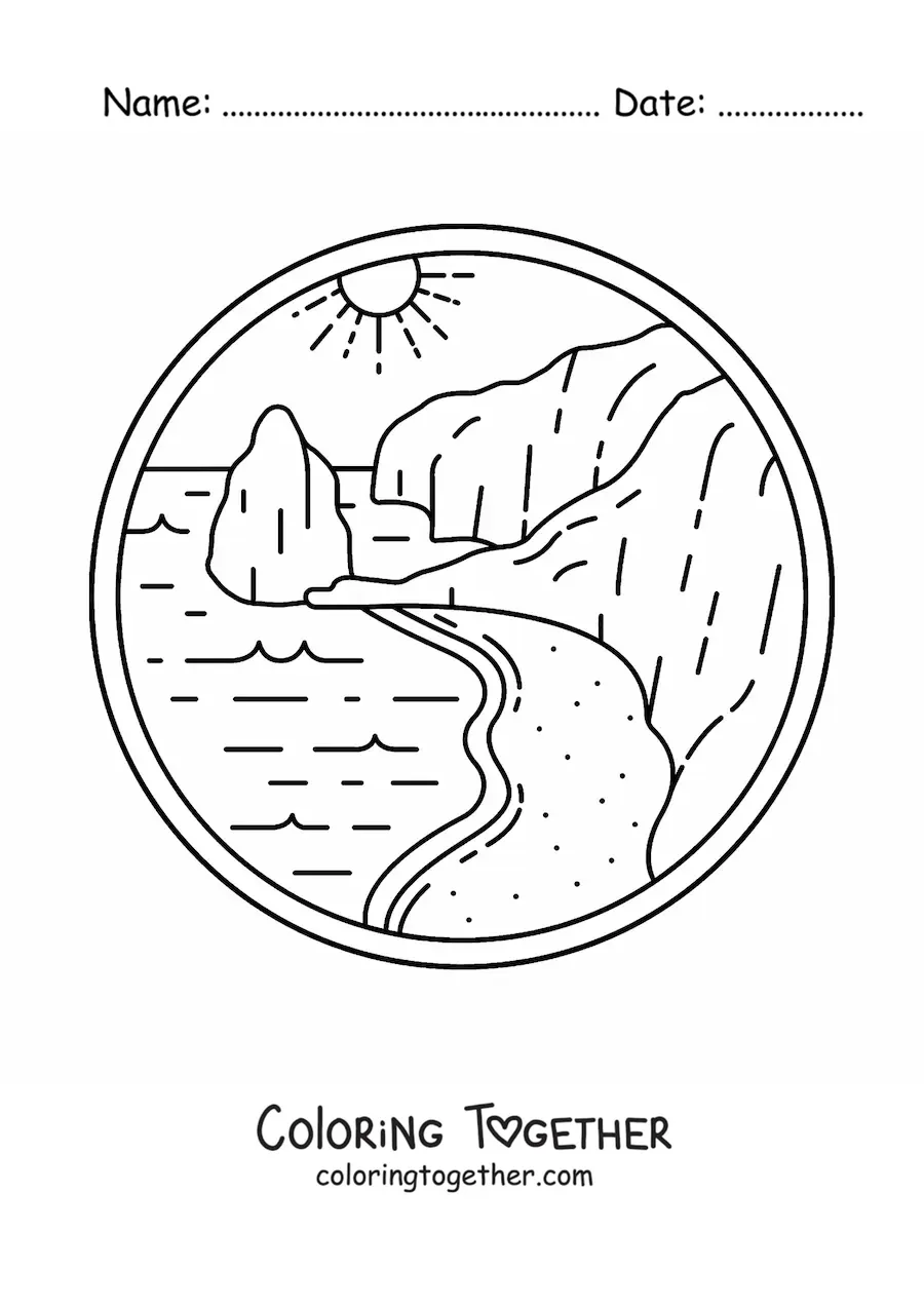 Coloring page of a coastal landscape