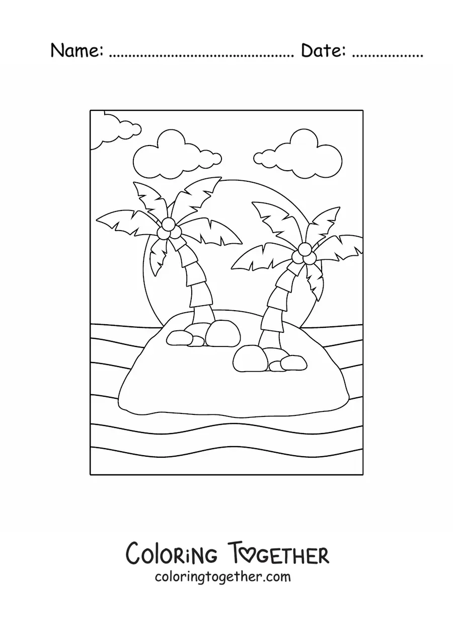 Coloring page of an island with two palm trees