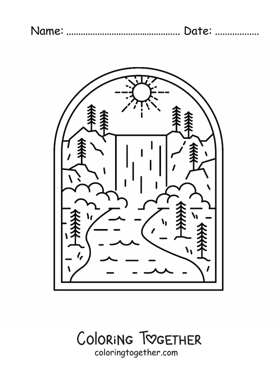 Coloring page of a natural landscape with a waterfall, a river, and pine trees