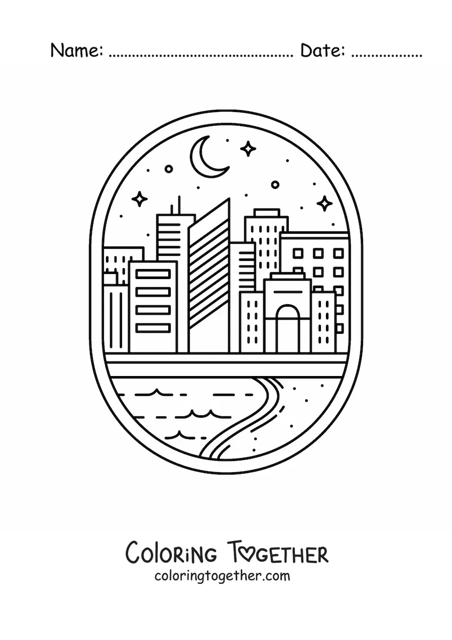 Coloring page of a city with a river
