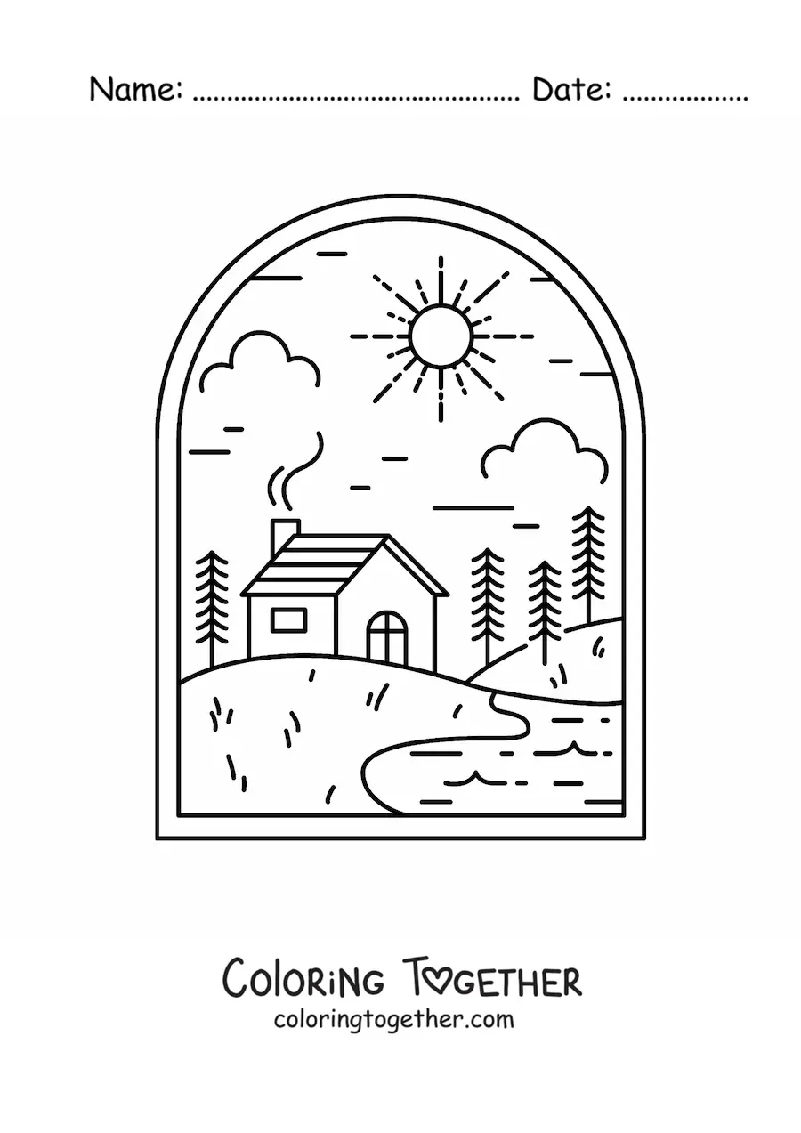 Coloring page of a house in the countryside with a river