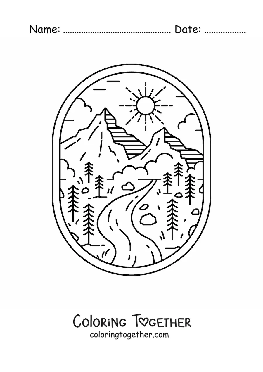 Coloring page of a natural landscape with a river and mountains