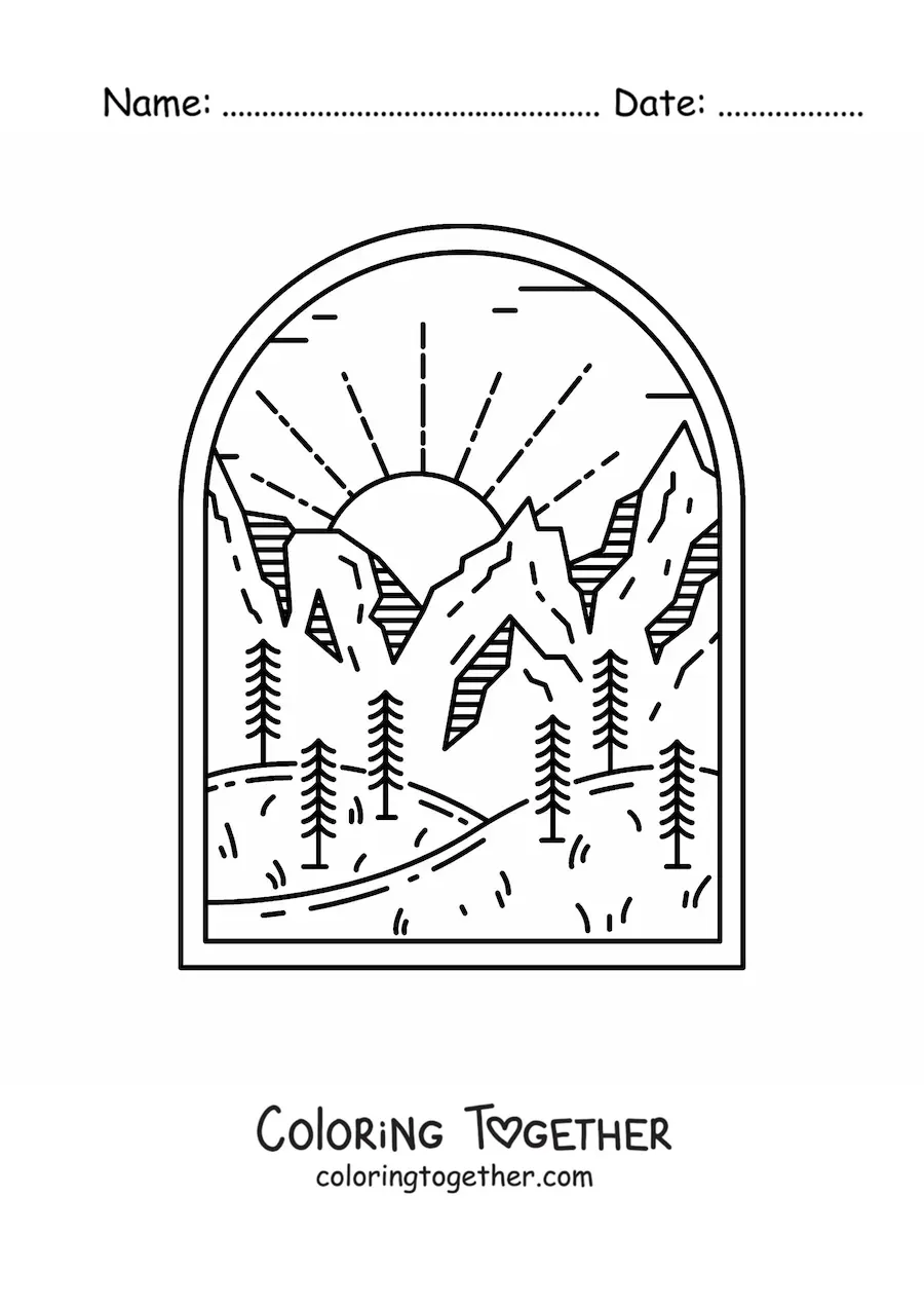 Coloring page of a forest landscape with mountains by day