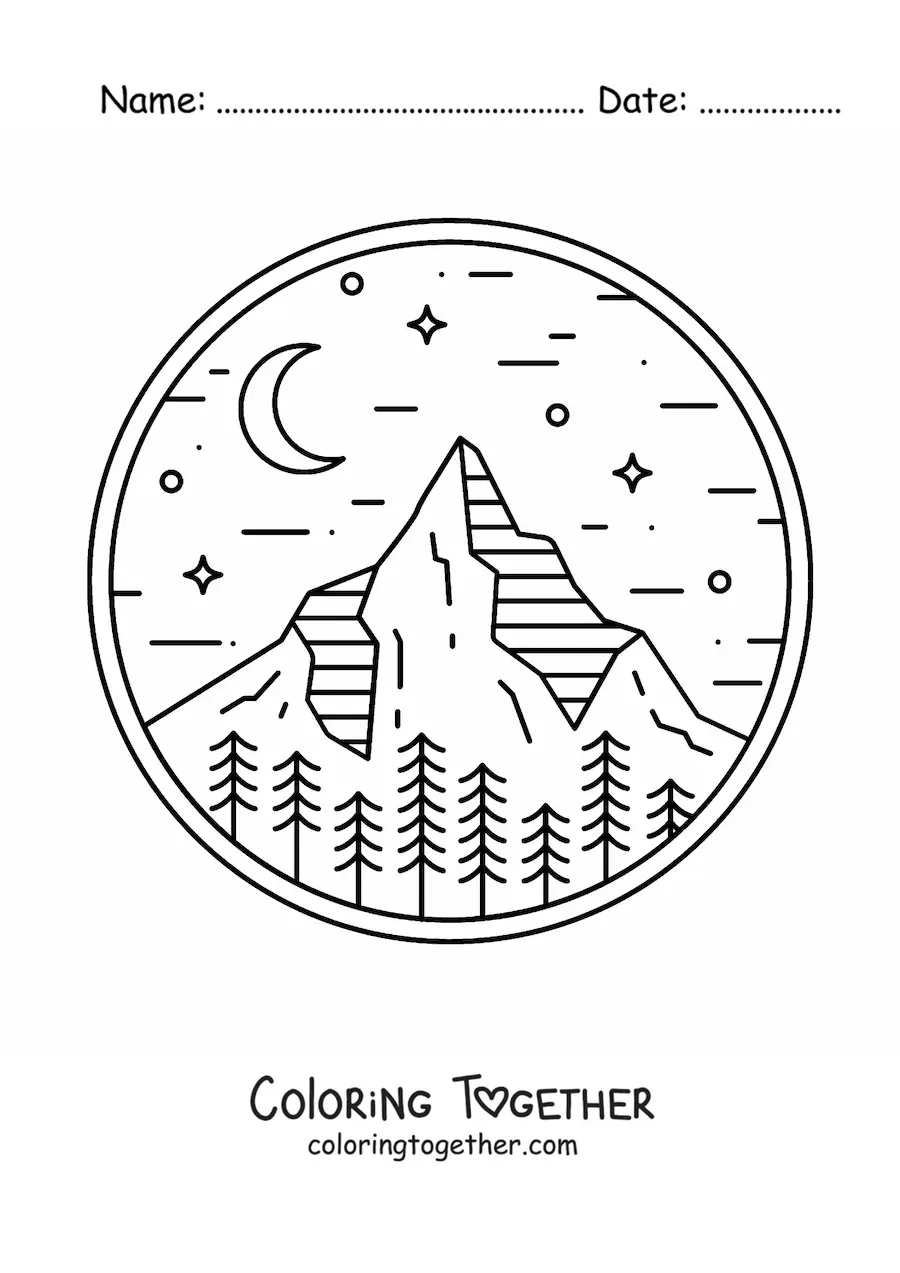 Coloring page of a forest landscape with mountains by night