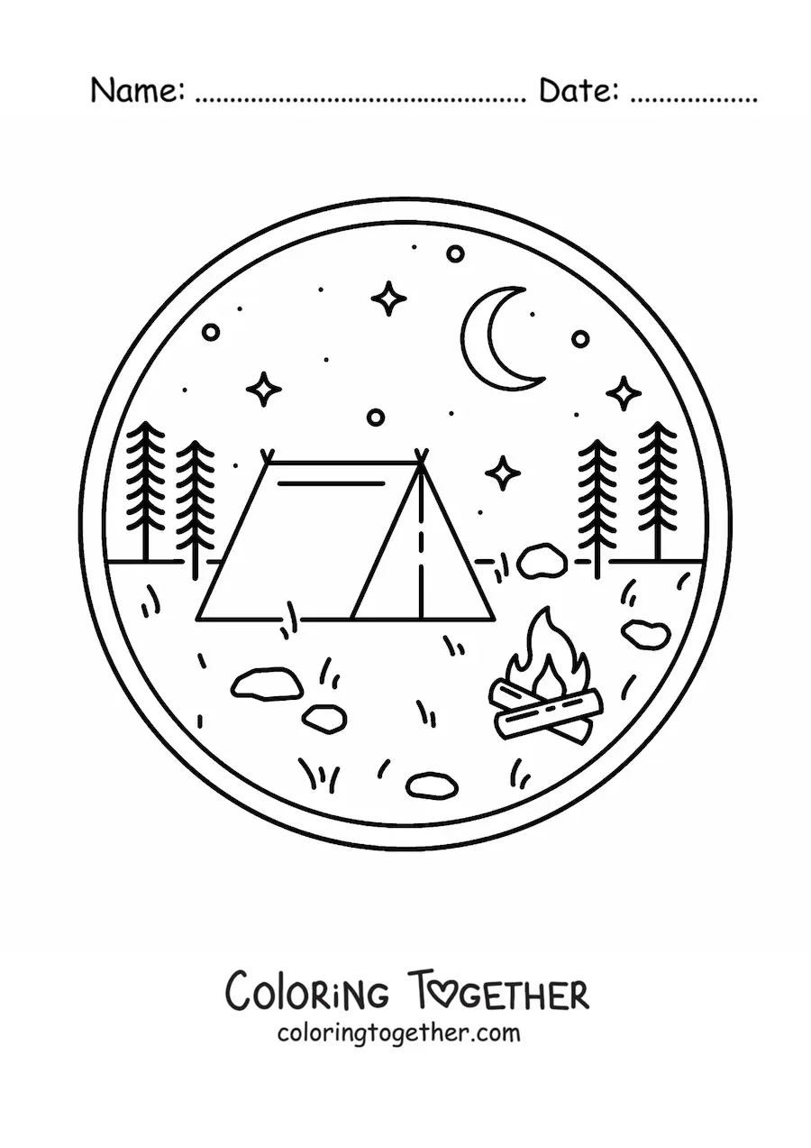 Coloring page of a camping tent and a campfire in the forest