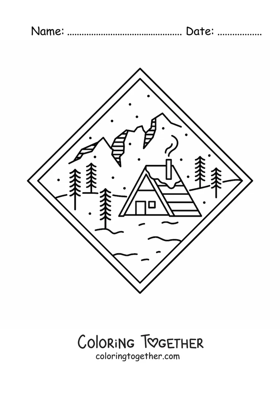 Coloring page of a mountain landscape with a cabin