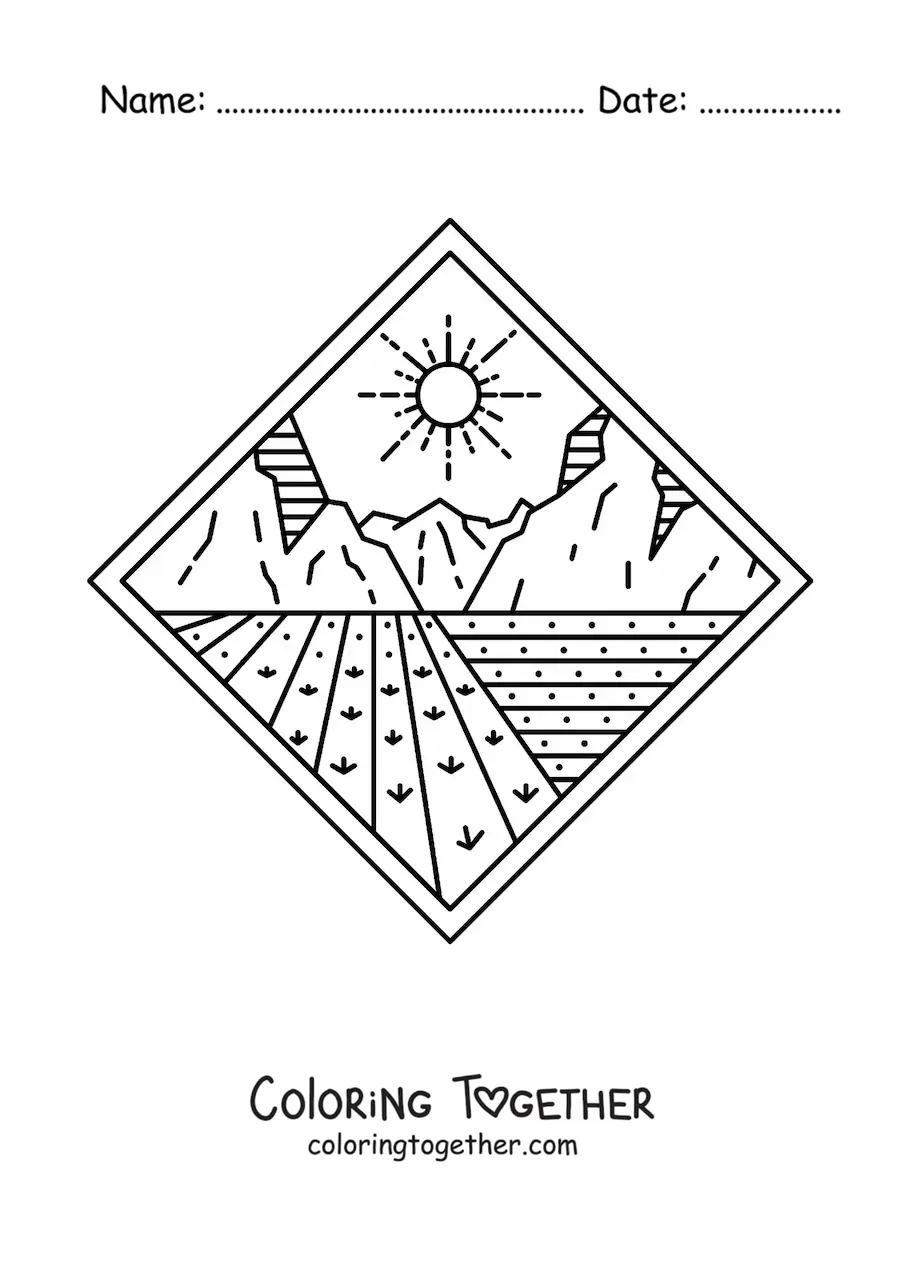Coloring page of a rural landscape with a field of crops