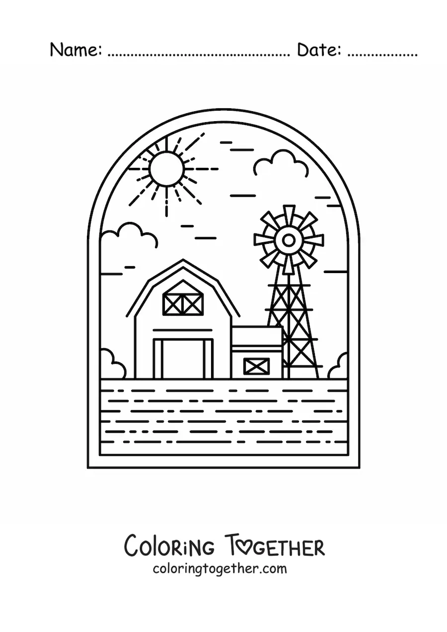 Coloring page of a rural landscape with a barn and a windmill