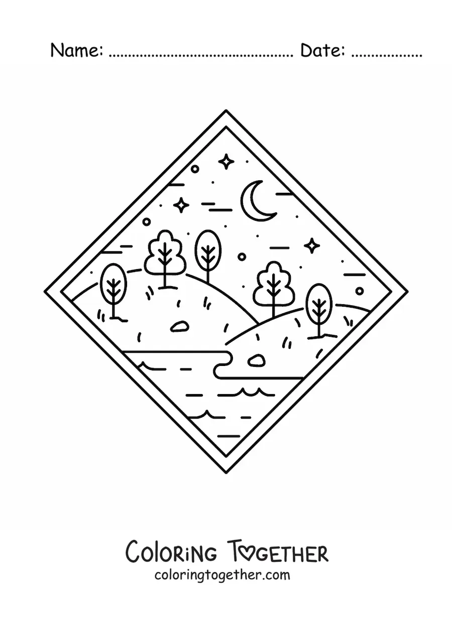Coloring page of a forest landscape with a lake at night