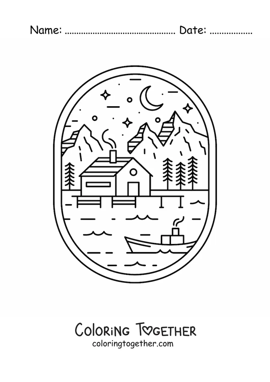 Coloring page of a forest landscape with a lake, a house, and a boat at night