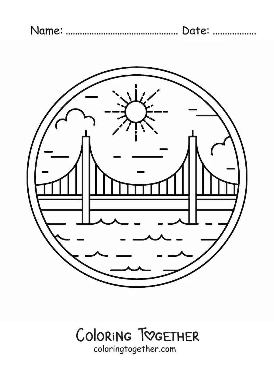 Coloring page of a bridge over a lake