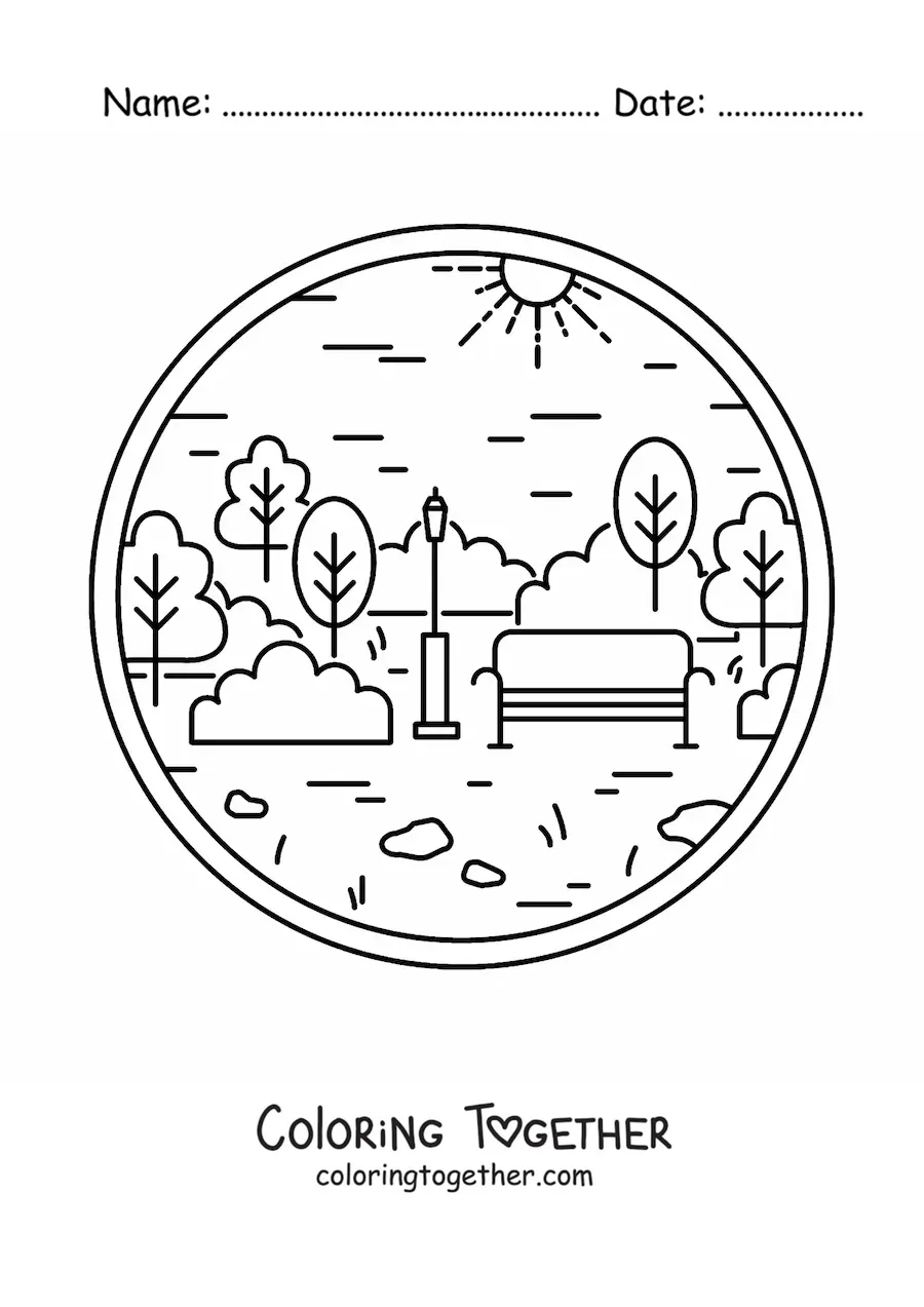 Coloring page of a bench in a park with trees and a lamppost