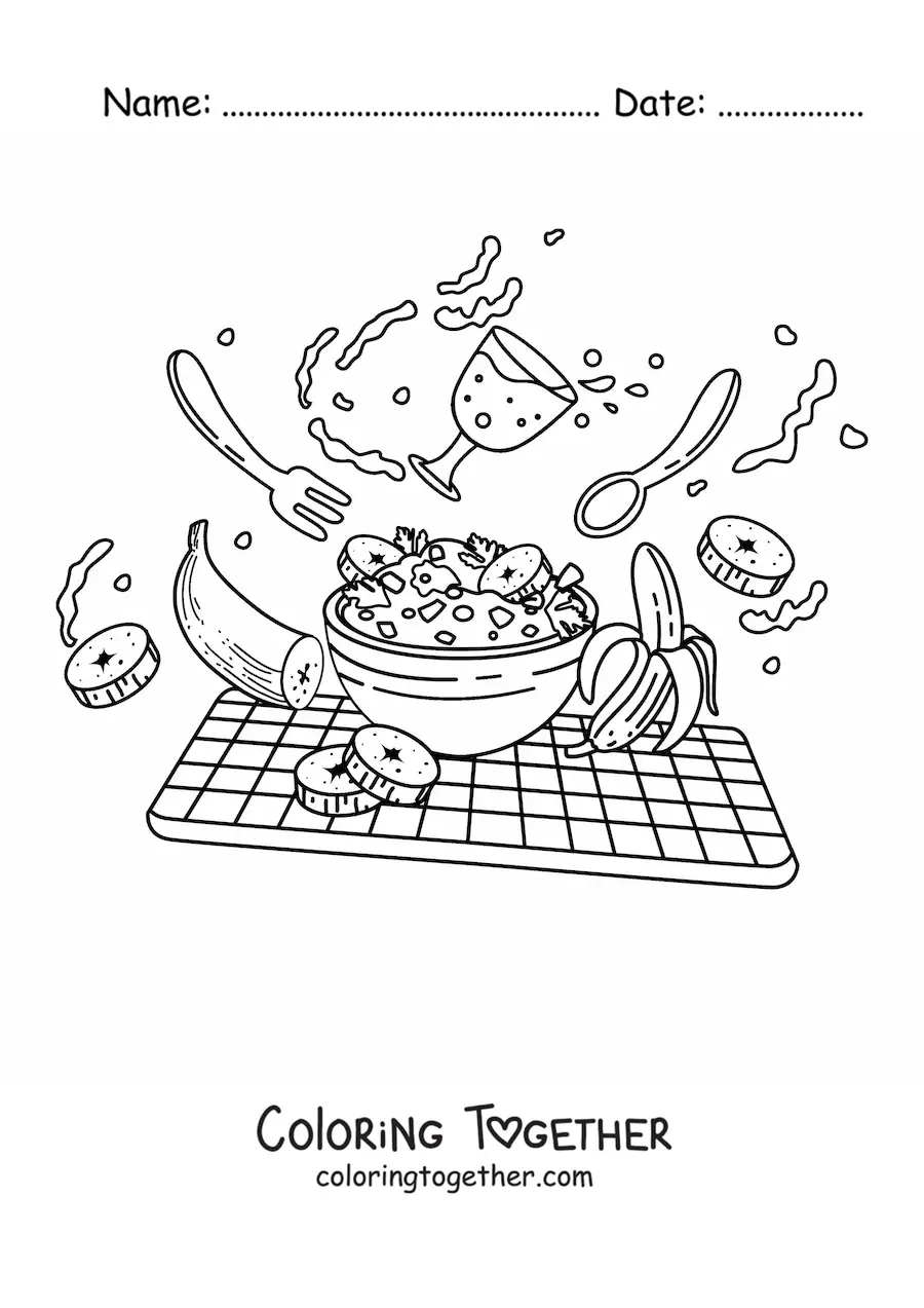 Coloring page of a cereal breakfast with milk and bananas