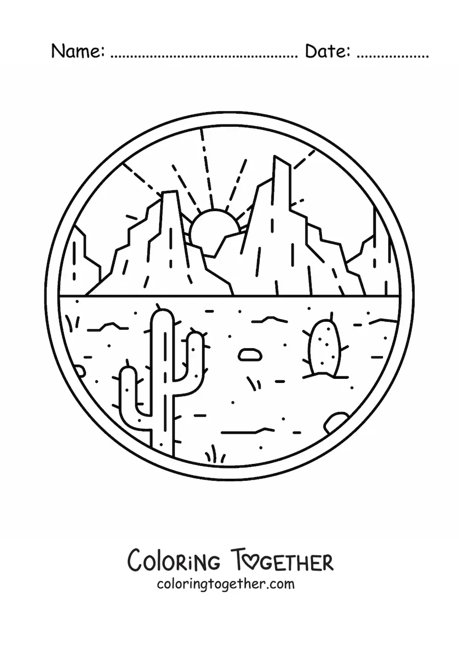 Coloring page of a desert landscape with two cacti and mountains in the background