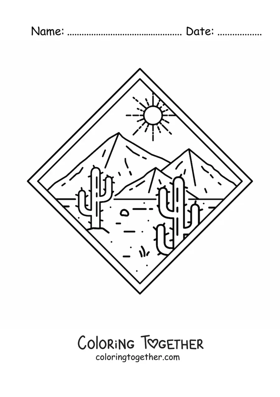 Coloring page of a desert landscape with two cacti and pyramids in the background