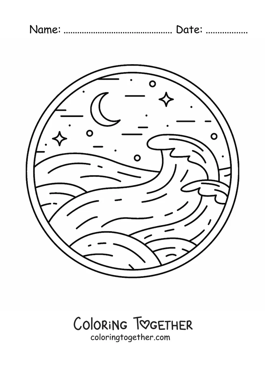 Coloring page of ocean waves at night