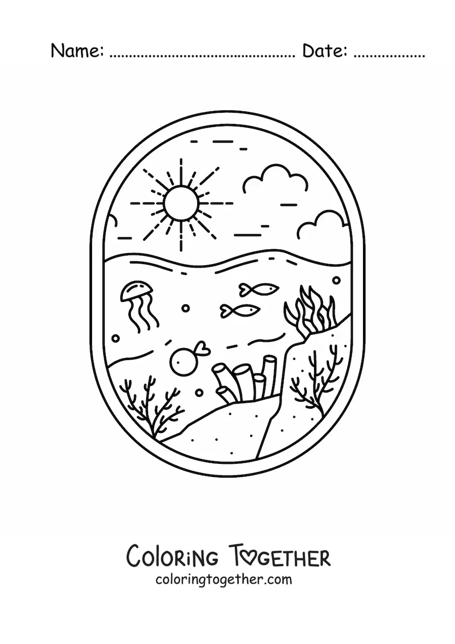 Coloring page of an underwater seascape with fish, a jellyfish, and coral