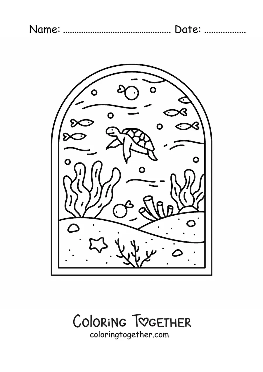 Coloring page of an underwater seascape with fish, a turtle, and coral